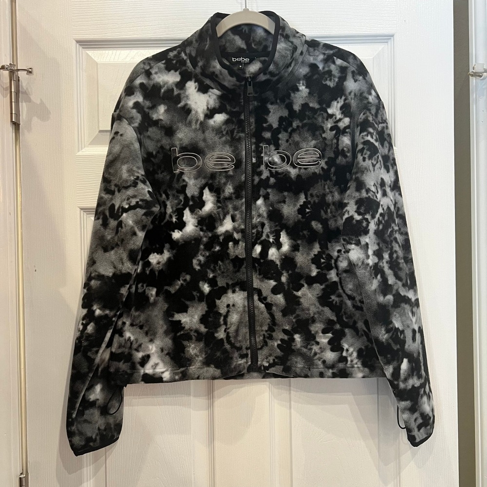 Bebe Sport Fleece Jacket Polyester Tie Dye Black White Athleisure Logo Y2K M